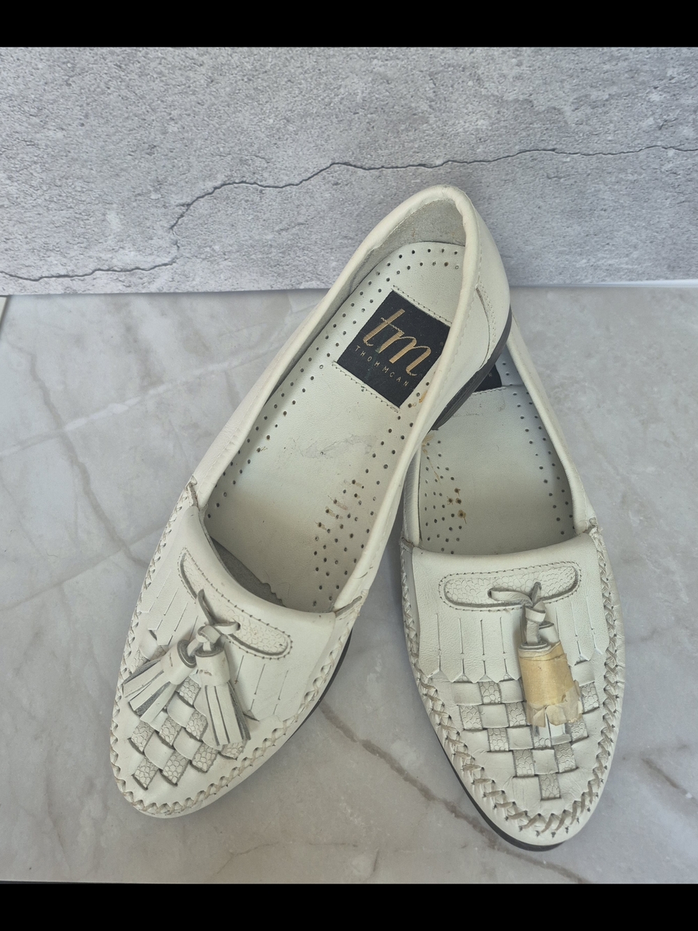 TM White Leather Tassel Loafers for Women